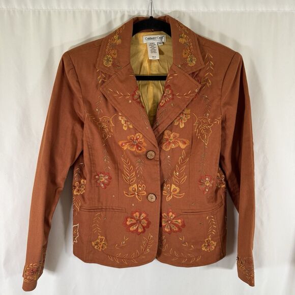 Coldwater Creek Jackets & Blazers - Coldwater Creek Blazer Women's Small Orange Floral Fall Sequin 2 Button Cotton